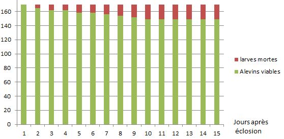 Evolution des larves viables au cours de la résorption du sac vitellin.  Reste 87% de larves évoluant en alevin nageant.