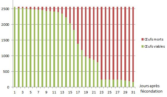 Evolution des œufs viables au cours de l'incubation.  Reste 6.5% d’œufs donnant naissance à une larve. Les pertes massive sont dues à un non respect de la procédure de fécondation, et à une manipulation excessive des œufs à la lumière du jour.