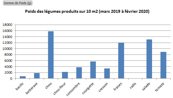 Rendement en aquaponie pour les légumes sur 10 m2, de mars 2019 à février 2020