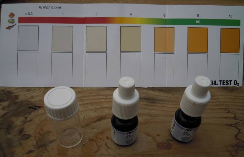 L'échelle colorimétrique pour des valeurs de 0 à 10 mg d'oxygène par litre d'eau.